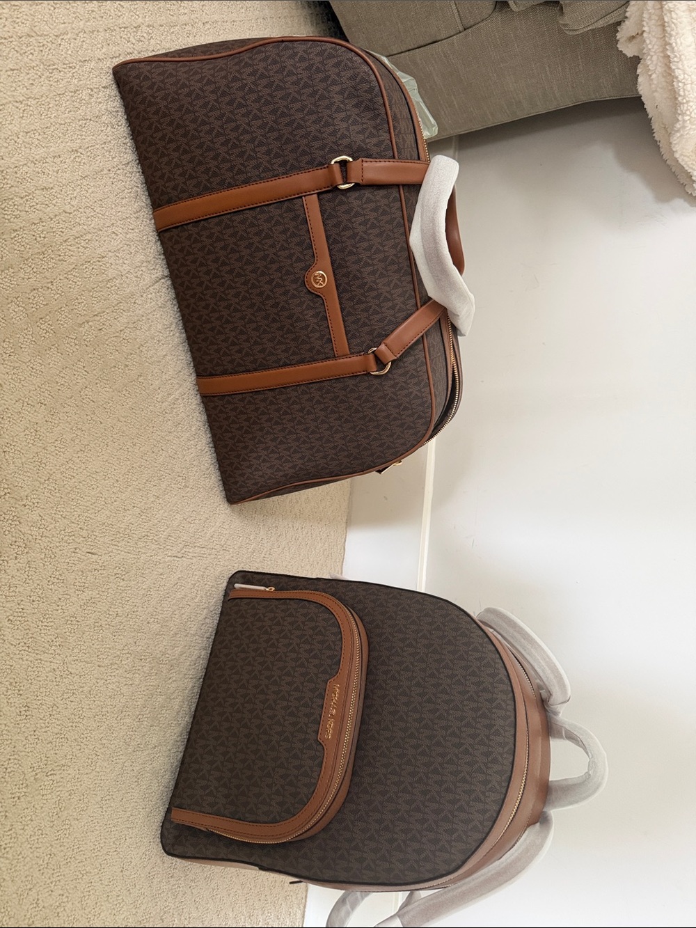 Michael Kors Brown Monogram Duffel and Backpack Set with Tan Trim